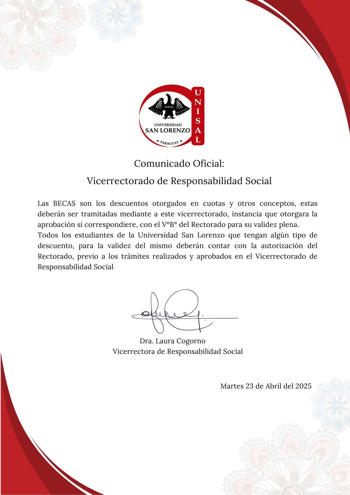Comunicado-Vicerrectorado de Responsabilidad Social.